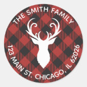 赤いバッファローの格子縞のトナカイの宛名ラベル ラウンドシール (正面)