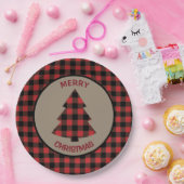 赤いバッファローの格子縞のボーダークリスマスツリー ペーパープレート (パーティー)