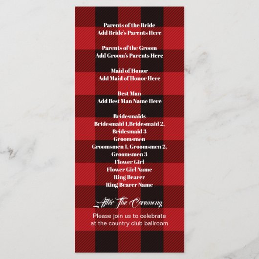 赤いバッファローの格子縞の冬の結婚式のプログラム プログラム (裏面)