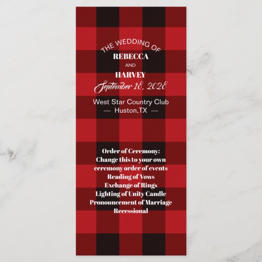 赤いバッファローの格子縞の冬の結婚式のプログラム プログラム (正面)