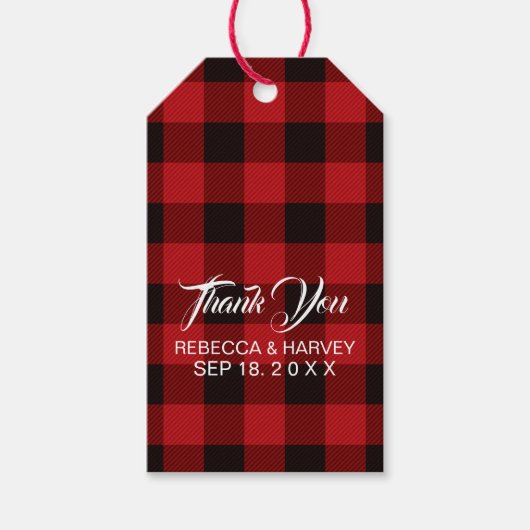 赤いバッファローの格子縞の冬の結婚式の好意 ギフトタグ (正面)