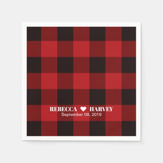 赤いバッファローの格子縞の冬の結婚式パーティー スタンダードカクテルナプキン (正面)