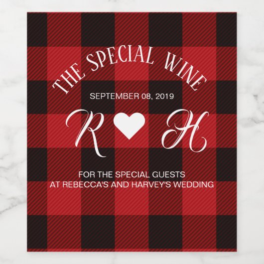 赤いバッファローの格子縞の冬の結婚式 ワインラベル (シングルラベル)