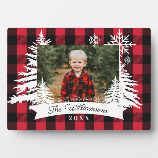 赤いバッファローの素朴プライド松の木の家族の写真 フォトプラーク (正面)