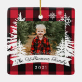 赤いバッファローの素朴格子松の木の家族写真 セラミックオーナメント (裏面)