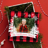 赤いバッファローの素朴格子松の木の家族写真 メタルオーナメント