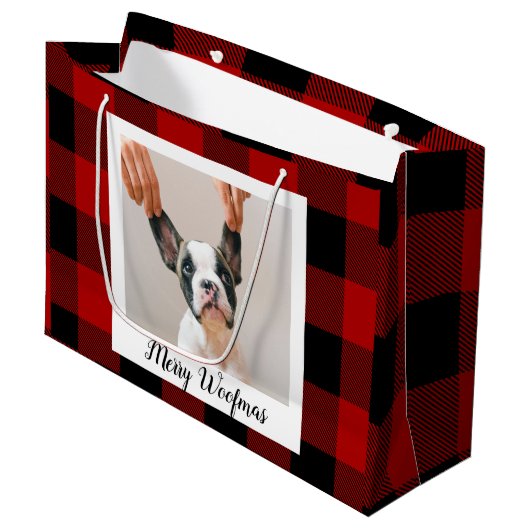 赤いバッファロープライド&メリーウォーフマスと犬の写真 ラージペーパーバッグ (正面アングル)