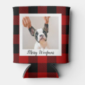 赤いバッファロープライド&メリーウォーフマスと犬の写真 缶クーラー (正面)