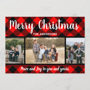 赤いバッファロープレイドのクリスマス写真カード 招待状