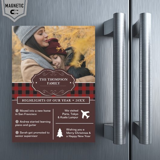 赤いバッファロープレイドのクリスマス写真 年間レビュー マグネット招待状