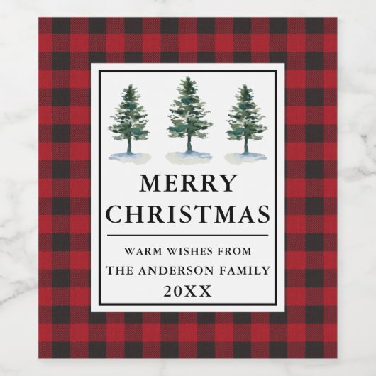 赤いバッファロープレイドウォーターカラーパインズメリークリスマス ワインラベル (シングルラベル)