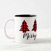 赤いバッファロープレイドツリーのテキスト ツートーンマグカップ (左)