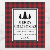 赤いバッファロープレイドパインズメリークリスマス ワインラベル (シングルラベル)