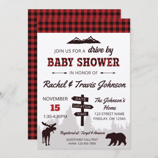 赤いバッファロープレイドベイビーシャワーでドライブ 招待状 (正面/裏面)