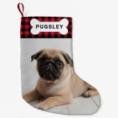 赤いバッファロープレイドペット犬の骨モノグラム写真 スモールクリスマスストッキング (正面)