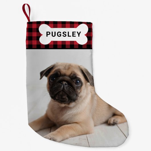 赤いバッファロープレイドペット犬の骨モノグラム写真 スモールクリスマスストッキング (正面)