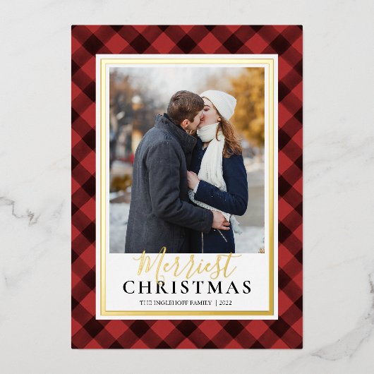 赤いバッファロープレイドメリースクリスマス写真 箔シーズンカード (正面)