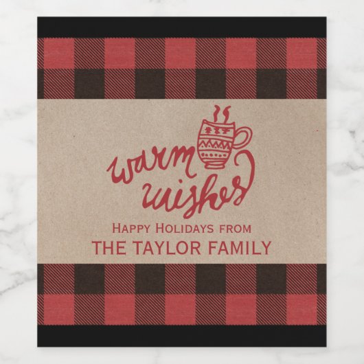 赤いバッファロープレイド暖かい願いクリスマス ワインラベル (シングルラベル)