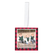 赤いバッファロープレイド祖父母4写真クリスマス キューブオーナメント (正面)