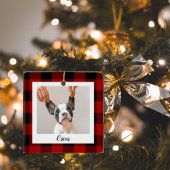 赤いバッファロープレイド&名前と犬写真 セラミックオーナメント