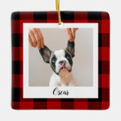 赤いバッファロープレイド&名前と犬写真 セラミックオーナメント (正面)