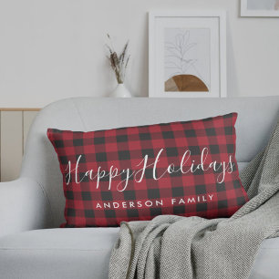 赤いバッファロー・チェックのHappy Holidaysと家族の名前 ランバークッション