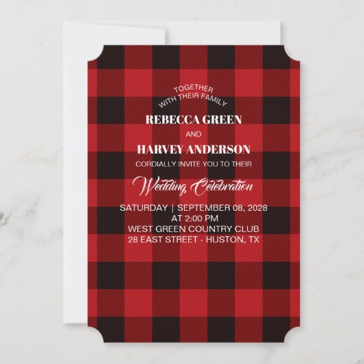 赤いバッファローplaidルンバージャック素朴な冬の結婚式 招待状 (正面)