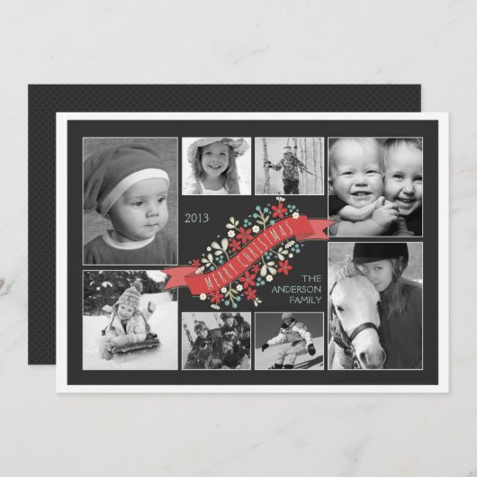 赤いバナーメリークリスマス8枚の写真カード シーズンカード (正面/裏面)