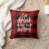 赤いバファロープレイド柄の「Eat, Drink & Be Merry」 クッション (ブランケット)