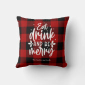 赤いバファロープレイド柄の「Eat, Drink & Be Merry」 クッション (裏面)