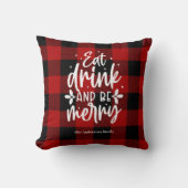 赤いバファロープレイド柄の「Eat, Drink & Be Merry」 クッション (正面)