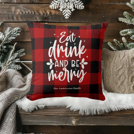 赤いバファロープレイド柄の「Eat, Drink & Be Merry」 クッション
