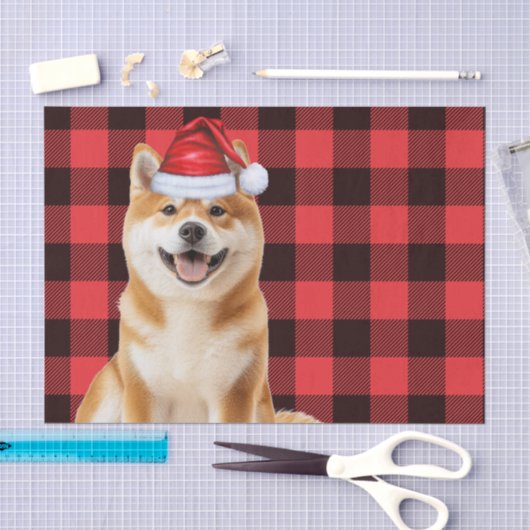 赤いバファロー・プラッドのクリスマス 秋田犬 ホリデー 薄葉紙 (クラフト)