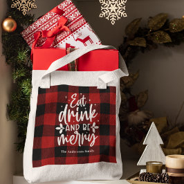 赤いバファロー・プラッドの「Eat, Drink & Be Merry」 トートバッグ