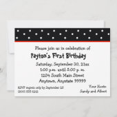 赤いバブル文字の最初の誕生祝い 招待状 (裏面)