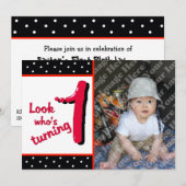 赤いバブル文字の最初の誕生祝い 招待状 (正面/裏面)