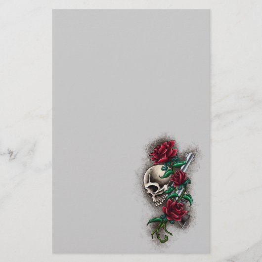赤いバラおよびリボルバーピストルが付いている西部のスカル 便箋 (正面)