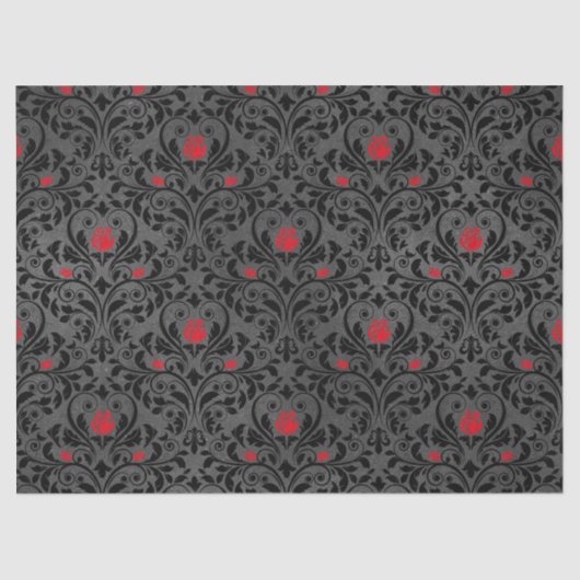 赤いバラおよび黒のダマスク織Decoupage 薄葉紙 (正面)