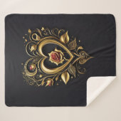 赤いバラが咲くロマンチックな黄金のハート シェルパブランケット (正面(横))