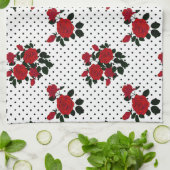 赤いバラが水玉模様の背景。 キッチンタオル (折り畳み)