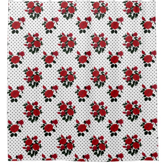 赤いバラが水玉模様の背景。 シャワーカーテン (正面)