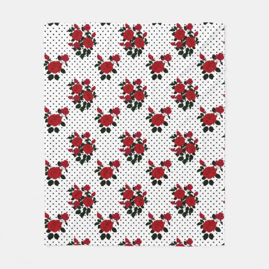 赤いバラが水玉模様の背景。 フリースブランケット (正面)