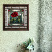 赤いバラとつる植物縁どのステンドグラスの外観 タイル