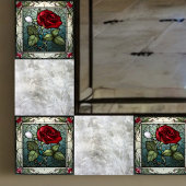 赤いバラとつる植物縁ど2ステンドグラスルック タイル