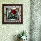 赤いバラとつる植物縁ど2ステンドグラスルック タイル