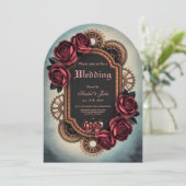 赤いバラとギア付きスチームパンクフレーム 招待状 (スタンド正面)