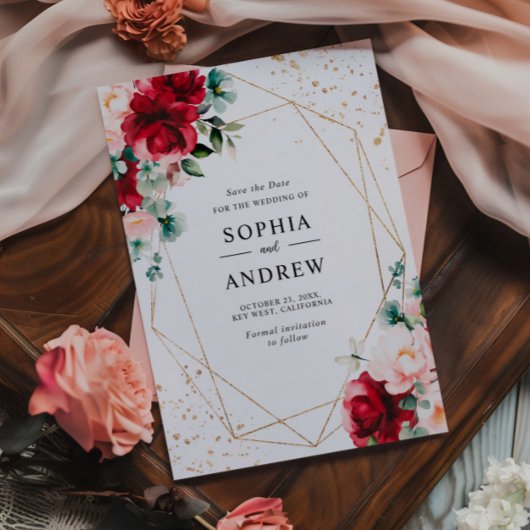 赤いバラとゴールドの水彩花のSave the Date 招待状