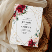 赤いバラとゴールドの水彩花のSave the Date 招待状