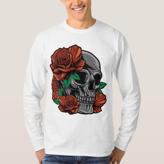 赤いバラとスカルガーデンガーデナーフラワーロス Tシャツ (正面)