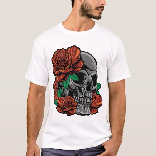 赤いバラとスカルガーデンガーデナーフラワーロス Tシャツ (正面)